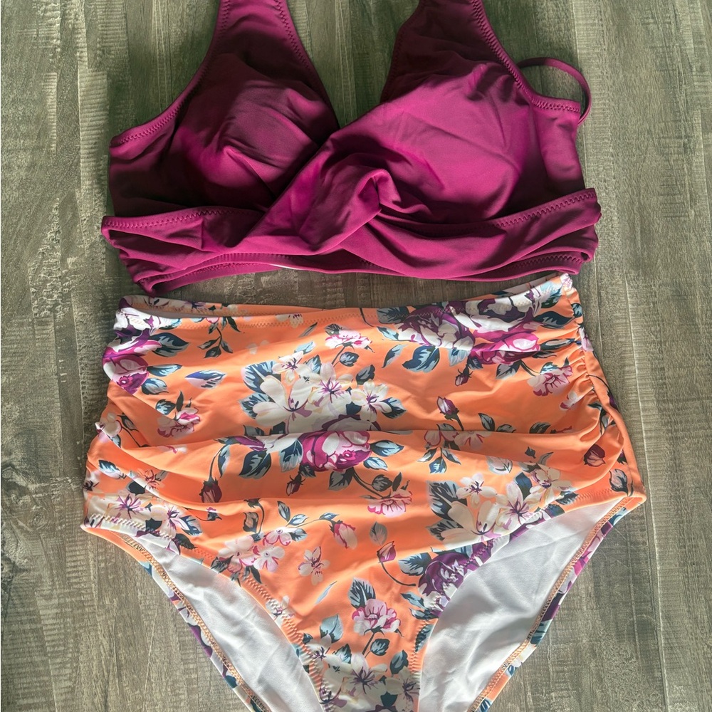 Cupshe Orange Floral High Waist Cheeky Bikini Set Size Medium NEW